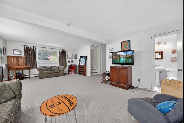 57 Panorama Dr, Patterson, NY 12563 - living room with a baseboard radiator, stairway, and light colored carpet