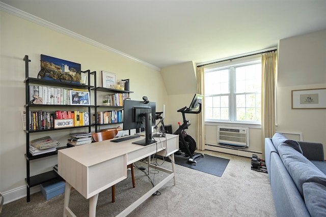 206-05 Emily Rd Unit 6U, Bayside, NY 11360 - carpeted home office featuring crown molding, a wall mounted air conditioner, and a baseboard radiator