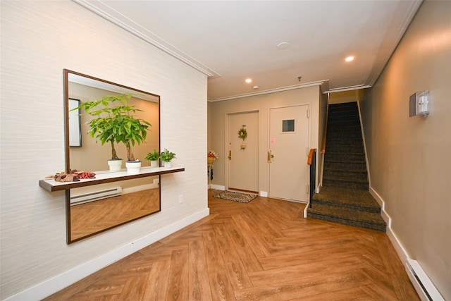 206-05 Emily Rd Unit 6U, Bayside, NY 11360 - entryway with a baseboard heating unit, stairs, ornamental molding, and recessed lighting