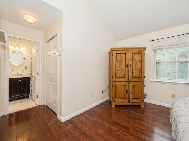 47 Muirfield Ct, Poughkeepsie, NY 12603 - bedroom featuring dark wood-style floors, baseboards, a sink, ensuite bath, and lofted ceiling