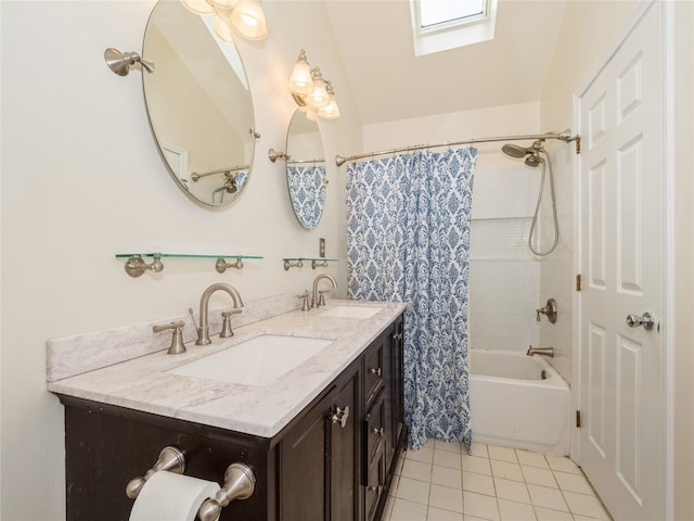 47 Muirfield Ct, Poughkeepsie, NY 12603 - full bath with tile patterned flooring, shower / bathtub combination with curtain, double vanity, and vaulted ceiling