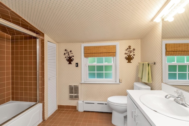 301 Margaret Blvd, Merrick, NY 11566 - bathroom with a baseboard radiator, tile patterned flooring, vanity, healthy amount of natural light, and wallpapered walls