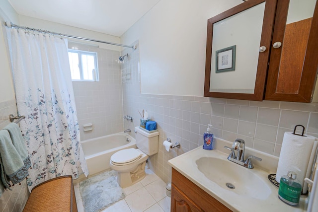 14015 159th St, Jamaica, NY 11434 - full bath with vanity, shower / bath combo with shower curtain, toilet, tile walls, and tile patterned flooring