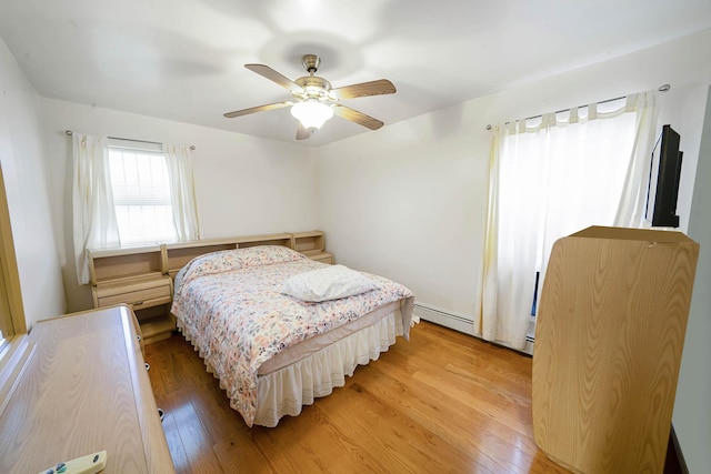 14015 159th St, Jamaica, NY 11434 - bedroom with light wood-type flooring, a baseboard heating unit, and ceiling fan