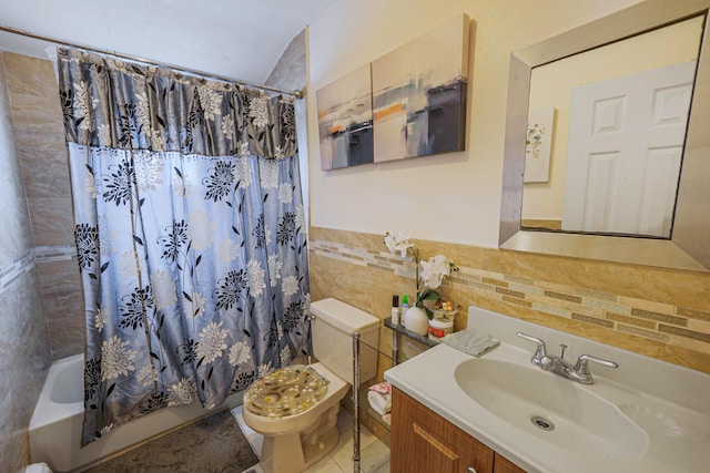 14015 159th St, Jamaica, NY 11434 - bathroom with tile walls, toilet, vanity, shower / bath combo, and tile patterned floors