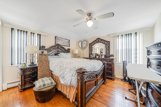 14015 159th St, Jamaica, NY 11434 - bedroom with a baseboard heating unit, light wood-style floors, and a ceiling fan
