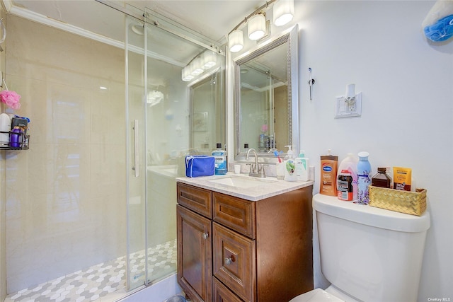 230 S 2nd St, Brooklyn, NY 11211 - bathroom featuring toilet, vanity, a shower stall, and crown molding