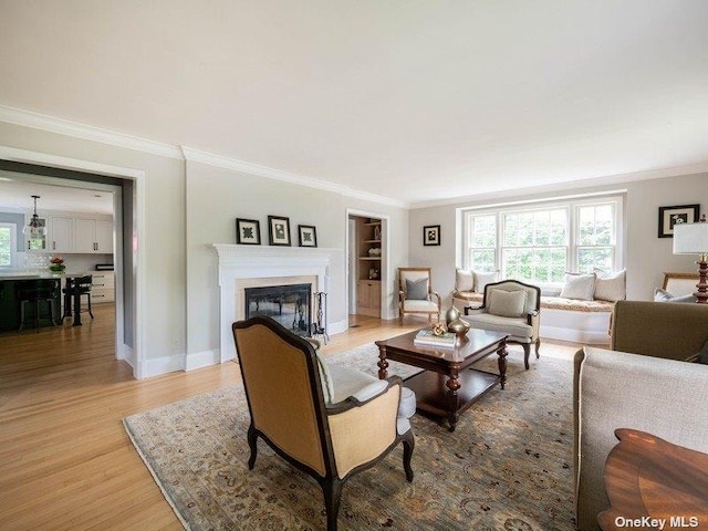 22 Homer Pl, Manhasset, NY 11030 - living room featuring plenty of natural light, crown molding, light wood-style floors, a glass covered fireplace, and baseboards