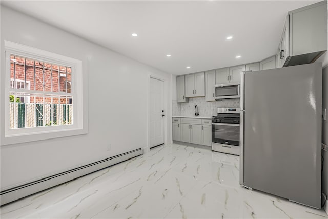 567 E 80th St, Brooklyn, NY 11236 - kitchen with stainless steel appliances, gray cabinetry, baseboard heating, recessed lighting, and a sink