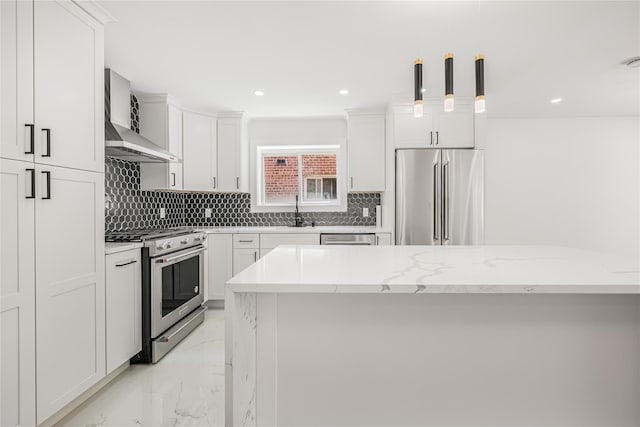 567 E 80th St, Brooklyn, NY 11236 - kitchen featuring stainless steel appliances, light marble finish floors, wall chimney range hood, decorative backsplash, and a sink