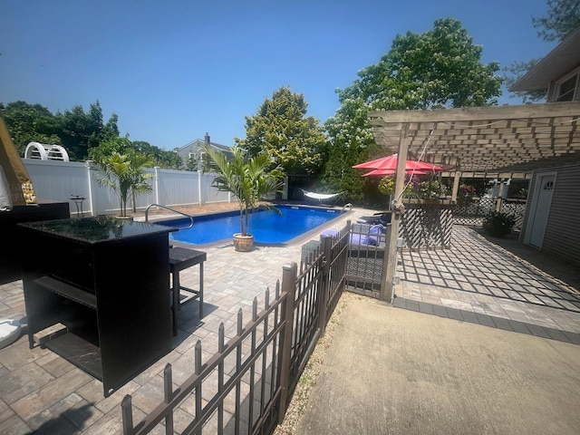 70 Pacific St, North Babylon, NY 11703 - view of pool with a patio area, a pergola, a fenced backyard, and outdoor dining area