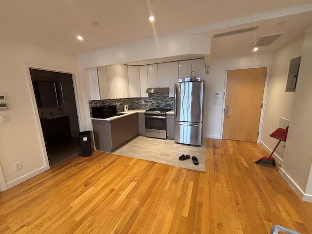 4223 Parsons Blvd Unit 5D, Flushing, NY 11355 - kitchen with appliances with stainless steel finishes, under cabinet range hood, electric panel, tasteful backsplash, and light wood-style flooring