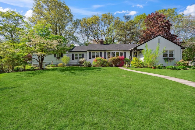24 Pine St, Lake Grove, NY 11755 - ranch-style house featuring a front lawn, a chimney, and a shingled roof