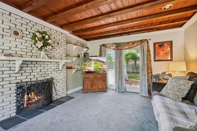 24 Pine St, Lake Grove, NY 11755 - living room featuring wooden ceiling with exposed beams, carpet flooring, a fireplace, and baseboards