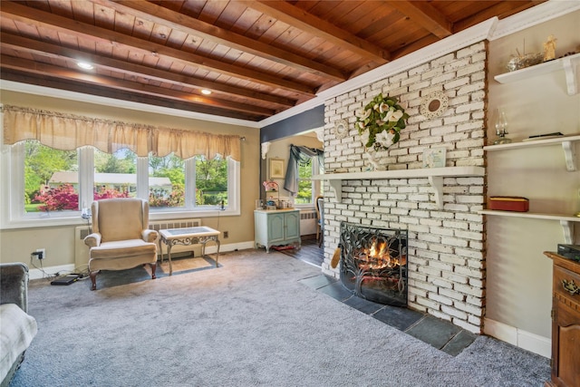 24 Pine St, Lake Grove, NY 11755 - carpeted living room featuring wood ceiling with exposed beams, baseboards, and a brick fireplace