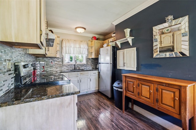 24 Pine St, Lake Grove, NY 11755 - kitchen with freestanding refrigerator, a sink, electric range, ornamental molding, and tasteful backsplash