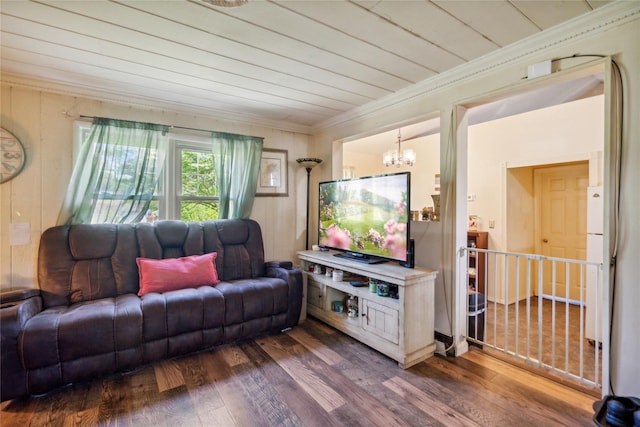 24 Pine St, Lake Grove, NY 11755 - living room with crown molding, a chandelier, dark wood-style floors, and wooden ceiling