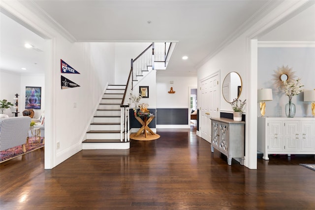 19 Rock Hill Ln, Scarsdale, NY 10583 - foyer with stairway, wood finished floors, crown molding, baseboards, and recessed lighting