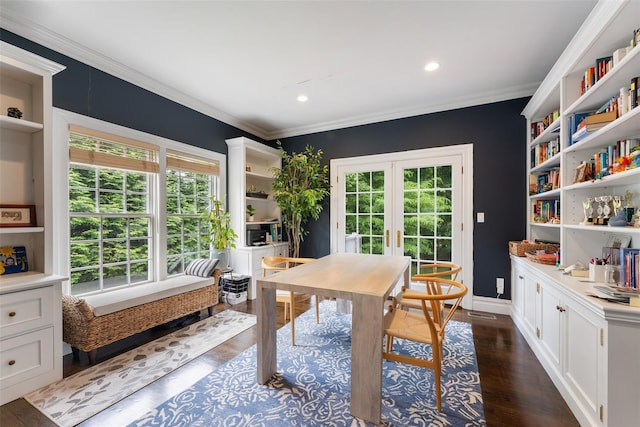 19 Rock Hill Ln, Scarsdale, NY 10583 - home office featuring french doors, healthy amount of natural light, dark wood-type flooring, ornamental molding, and recessed lighting
