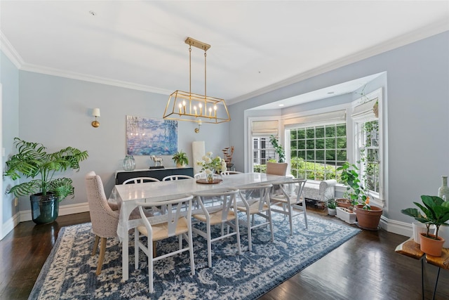 19 Rock Hill Ln, Scarsdale, NY 10583 - dining area with crown molding, baseboards, wood finished floors, and a chandelier