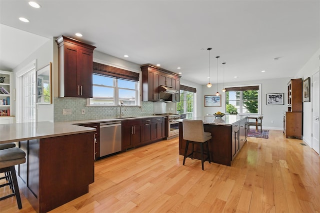 9 Constance Ave, Dobbs Ferry, NY 10522 - kitchen with appliances with stainless steel finishes, a sink, light wood-style flooring, a breakfast bar, and pendant lighting