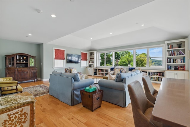9 Constance Ave, Dobbs Ferry, NY 10522 - living area featuring light wood-type flooring, recessed lighting, and vaulted ceiling