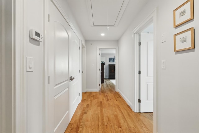 9 Constance Ave, Dobbs Ferry, NY 10522 - hall featuring attic access, light wood-style floors, recessed lighting, and baseboards