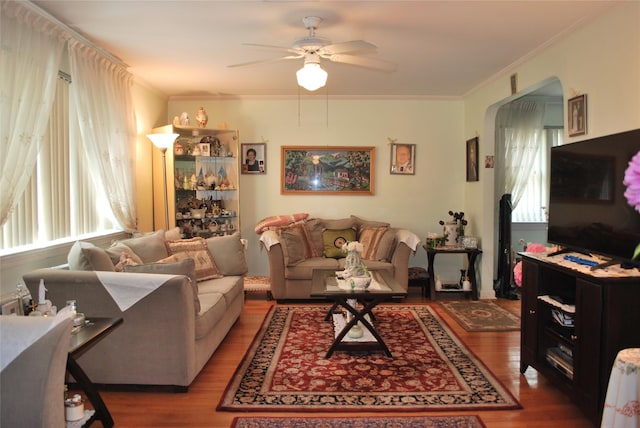 4026 208th St, Bayside, NY 11361 - living area with plenty of natural light, wood finished floors, ceiling fan, and ornamental molding