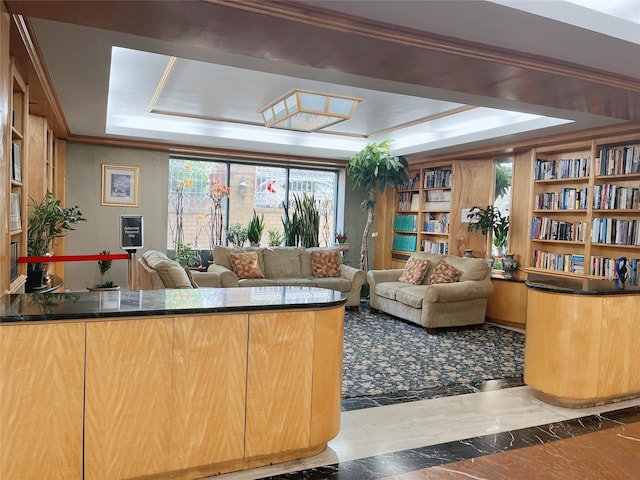 4231 Colden St Unit R6C, Flushing, NY 11355 - kitchen with a raised ceiling, dark countertops, marble tiled floors, ornamental molding, and open floor plan