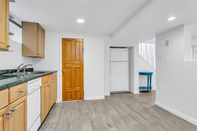 7931 211th St, Oakland Gardens, NY 11364 - kitchen with white appliances, a sink, light wood-style floors, recessed lighting, and baseboards