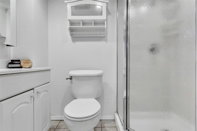 7931 211th St, Oakland Gardens, NY 11364 - full bath featuring a shower stall, toilet, vanity, tile patterned floors, and baseboards