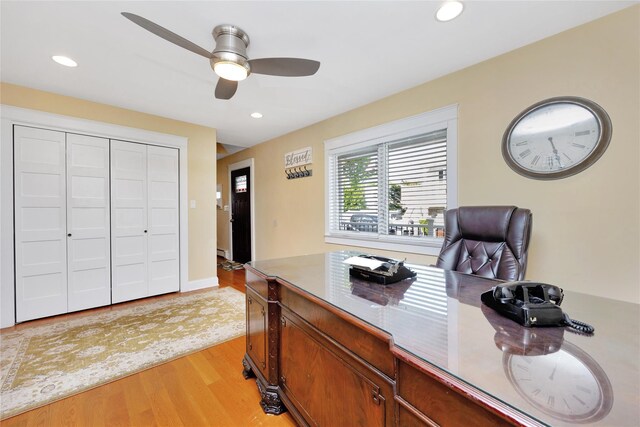 27 Armour St, Long Beach, NY 11561 - home office featuring a ceiling fan, light wood-style floors, and recessed lighting