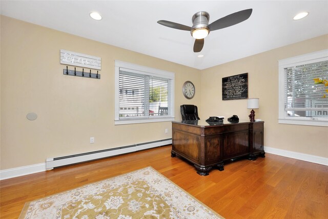 27 Armour St, Long Beach, NY 11561 - office area with a baseboard radiator, light wood-style flooring, ceiling fan, baseboards, and recessed lighting