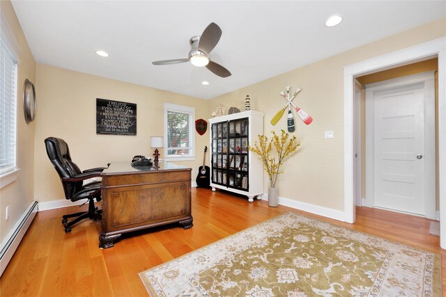 27 Armour St, Long Beach, NY 11561 - office featuring a baseboard heating unit, light wood-type flooring, a ceiling fan, baseboards, and recessed lighting