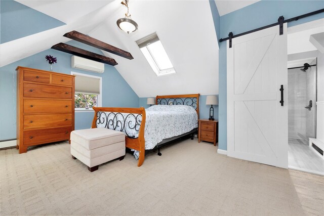 27 Armour St, Long Beach, NY 11561 - bedroom featuring an AC wall unit, a barn door, carpet flooring, a skylight, and a baseboard radiator