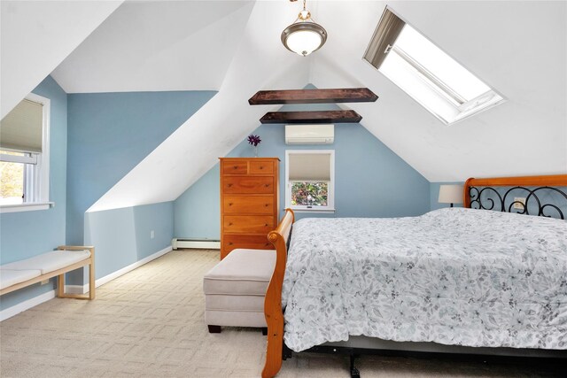27 Armour St, Long Beach, NY 11561 - bedroom with a baseboard heating unit, a wall mounted air conditioner, carpet, a skylight, and lofted ceiling