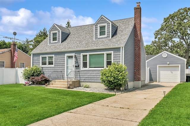 26 Richard Ave, Ronkonkoma, NY 11779 - cape cod-style house with an outbuilding, concrete driveway, roof with shingles, a chimney, and entry steps