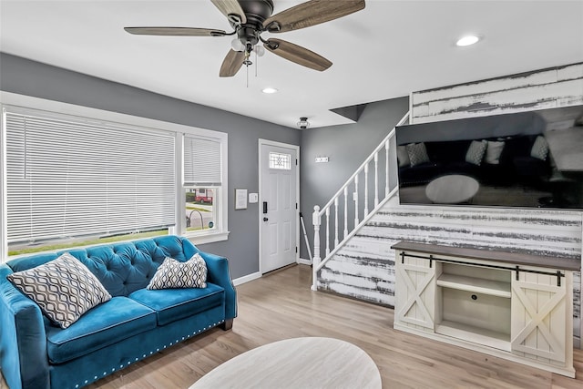 26 Richard Ave, Ronkonkoma, NY 11779 - living room with stairway, a ceiling fan, wood finished floors, and recessed lighting