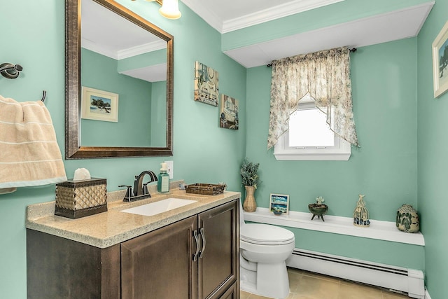 1197 Tulip Ave, Franklin Square, NY 11010 - bathroom with a baseboard radiator, toilet, vanity, crown molding, and tile patterned flooring