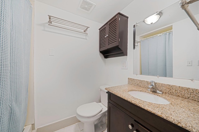 138 Greene Ave, Port Jefferson Station, NY 11776 - full bathroom featuring vanity, toilet, curtained shower, baseboards, and tile patterned flooring