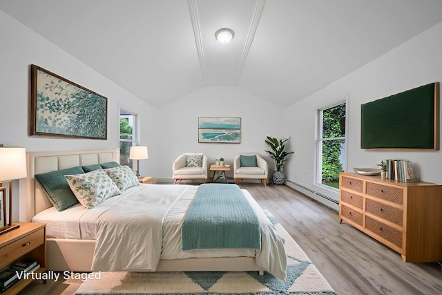 138 Greene Ave, Port Jefferson Station, NY 11776 - bedroom with a baseboard radiator, vaulted ceiling, light wood-style flooring, and multiple windows