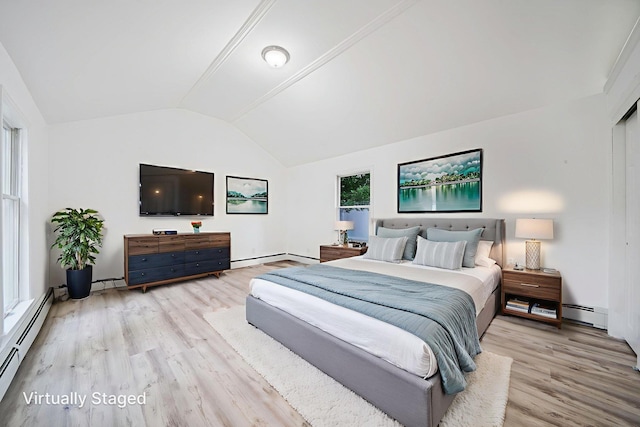 138 Greene Ave, Port Jefferson Station, NY 11776 - bedroom with a baseboard radiator, lofted ceiling, light wood-type flooring, and a baseboard heating unit