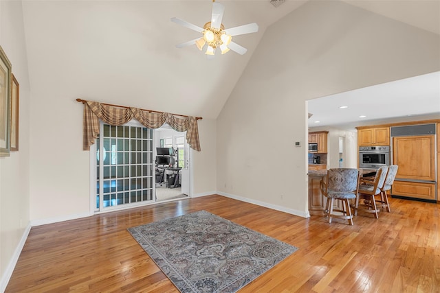 16 Hidden View Dr, Newburgh, NY 12550 - living area featuring high vaulted ceiling, light wood-type flooring, a ceiling fan, baseboards, and recessed lighting