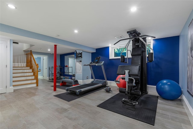 225 Fisher Ave, White Plains, NY 10606 - exercise area featuring wood finished floors and recessed lighting