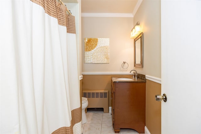 18 Lorraine Blvd, Poughkeepsie, NY 12603 - full bath with radiator heating unit, toilet, ornamental molding, vanity, and curtained shower