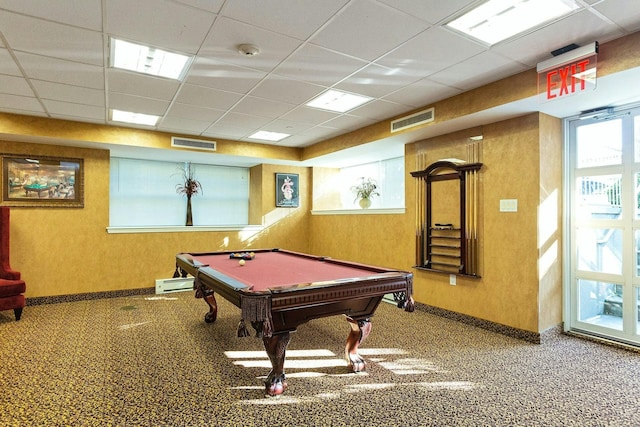 150-31 12th Ave Unit 112, Whitestone, NY 11357 - rec room featuring healthy amount of natural light, a paneled ceiling, carpet, billiards, and a textured wall