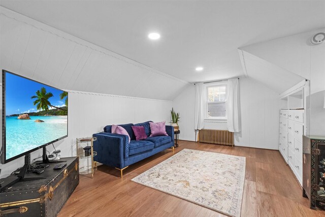 5 Fairview Ave, New Paltz, NY 12561 - living area featuring radiator, wood finished floors, and vaulted ceiling