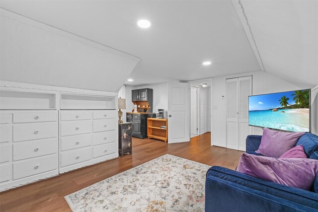 5 Fairview Ave, New Paltz, NY 12561 - living area featuring dark wood-type flooring, recessed lighting, and lofted ceiling