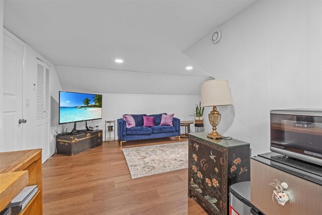 5 Fairview Ave, New Paltz, NY 12561 - living area featuring light wood-style flooring, vaulted ceiling, and recessed lighting