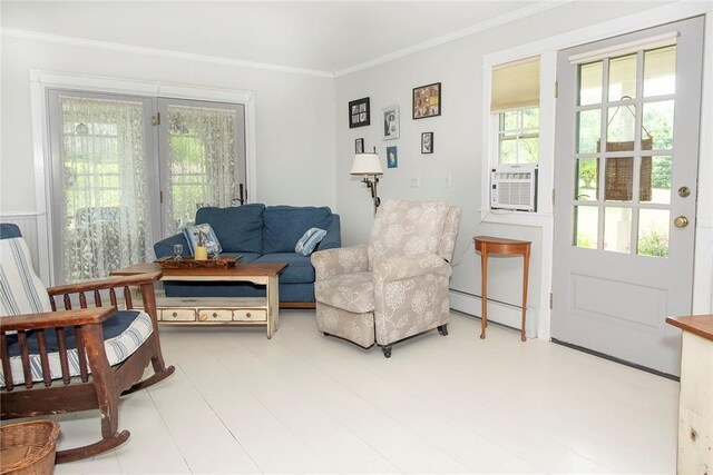 184 Sawchuck Rd, Millerton, NY 12546 - living room featuring baseboard heating, ornamental molding, and cooling unit